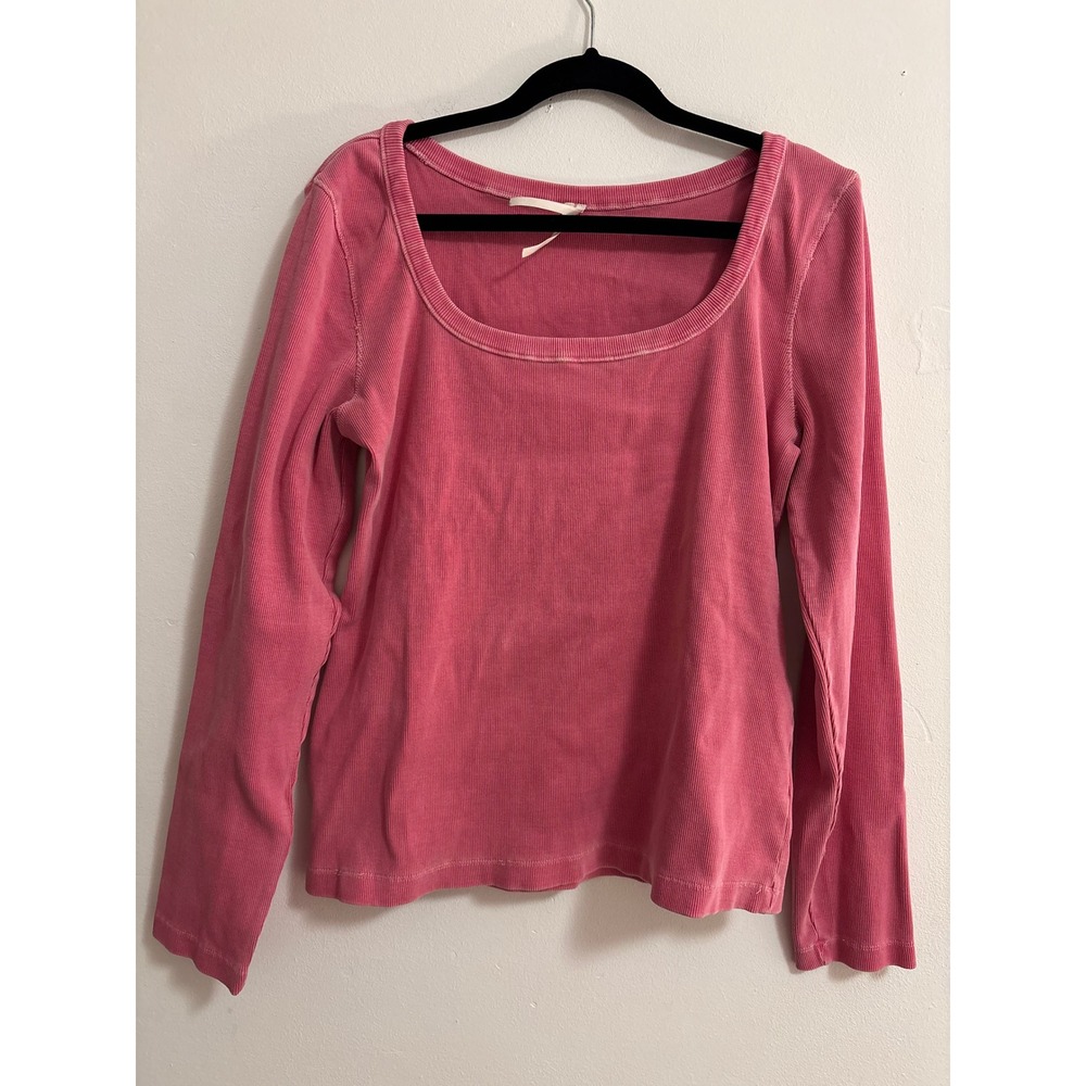 Anthropologie Pink Ribbed Scoop Neck Long Sleeve Top Size Large Balletcore